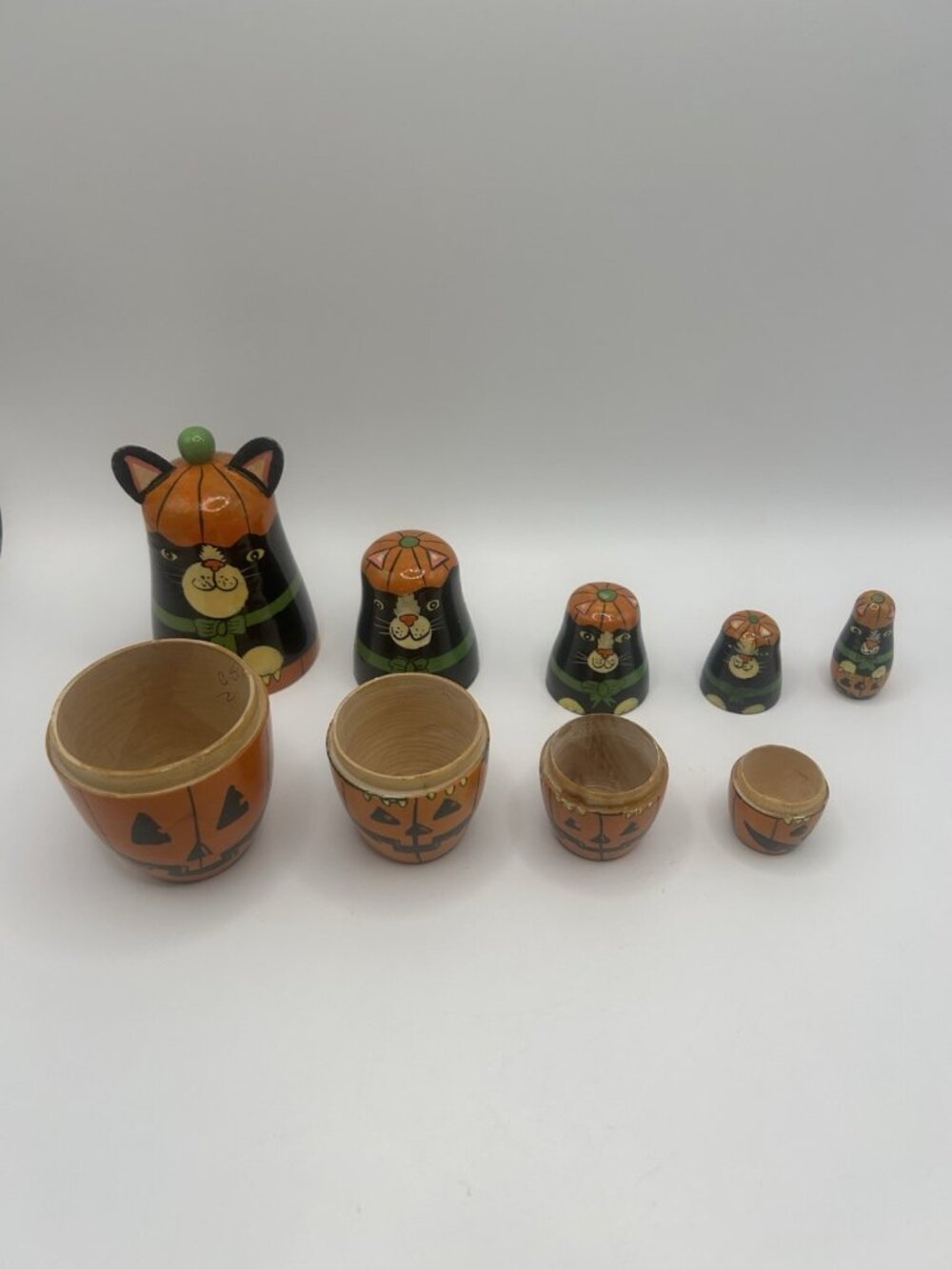 Halloween Kitty Cat Pumpkin Hand-Painted Wood Stacking Nesting Dolls Five Vtg - Picture 2 of 16